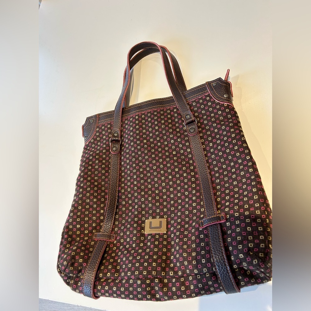 Adolfo Domínguez Vintage Brown Fabric & Leather Tote– Elegant Geometric Pattern